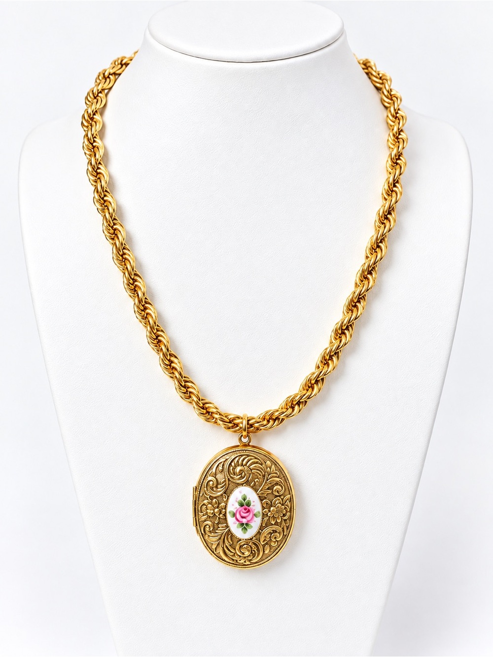Vintage Monet Gold Tone Floral Locket Necklace Pink Rose Ornate Pendant